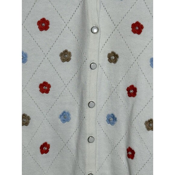Charter Club Embroidery Flower Faux Pearl Argyle Cardigan Sz L - Picture 4 of 8